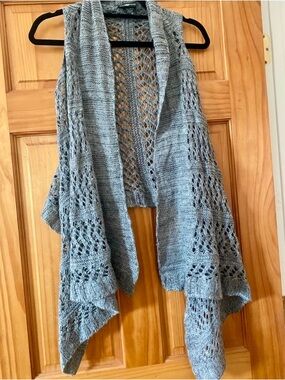 Boho Open Knit Cardigan Vest Gray Draped Lightweight Duster Layering Small
